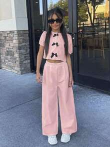 SHEIN Firerie Kids Tween Girls Casual Fashion Round Neck Petal Sleeve Button-Up Top And Ankle Length Pants Set,Kids - Baby Pink - View 6