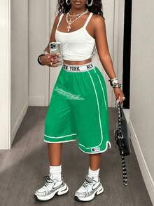 SHEIN PETITE Pantalones cortos casuales sueltos con cintura elástica y estampado de letras para mujer - Verde - Ver 7