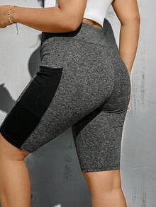 SHEIN Essnce Quần short nữ cỡ lớn thời trang xuân hè, chất liệu co giãn cao, thoải mái, cơ bản, đa năng, màu đen, kiểu quần biker có túi, quần nữ, trang phục đường phố, quần short ôm dáng, quần áo đi chơi, trang phục Y2K, quần jogger. - Xám - Xem 2