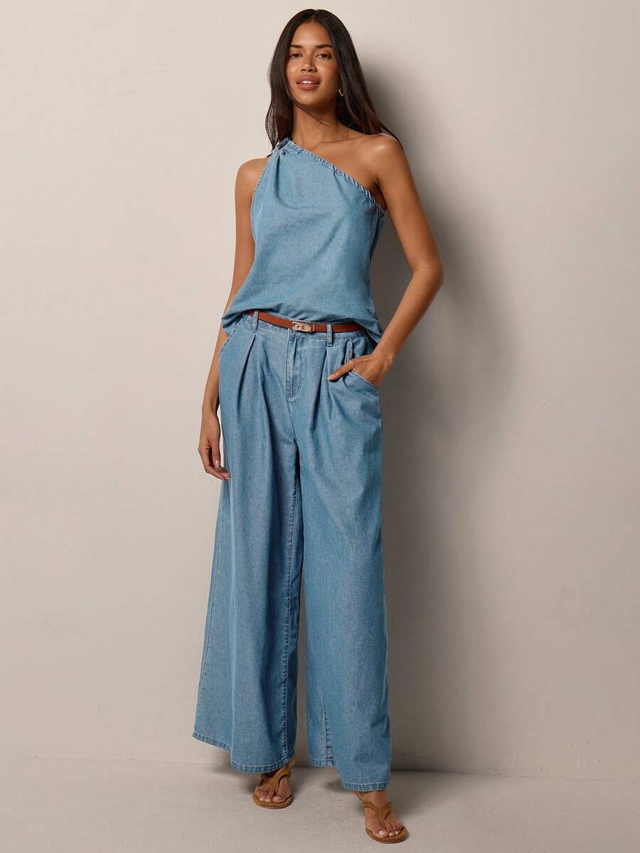 COSMINA Denim Women's Light Blue Denim Set,Sleeveless Asymmetrical Shoulder Top And Wide-Leg Jeans,Summer Casual Vacation Elegant Two Pieces Outfits,Street Style - Blue - View 1