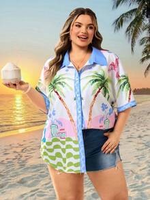 SHEIN CURVE+ Curve 尺码 US22 音乐节、海滨度假、波西米亚风女士假日印花宽松休闲衬衫，夏季沙滩装 - 杏色 - 查看 4