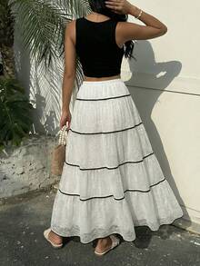 Franclia Women's Fashion Casual Contrast Color Trim Long White Skirt - Apricot - View 2