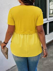 Elenzga Áo thun tay ngắn cổ tròn màu vàng đính ngọc trai cỡ lớn - Màu vàng - Xem 2