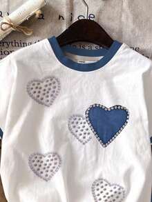 Set de 2 piezas, parte superior gráfica con estampado de corazón y amor minimalista informal para niña preadolescente, y shorts a juego, adecuado para verano, conjuntos a juego con hermana, apropiado para vacaciones, fiestas y uso diario - Multicolor - Ver 4