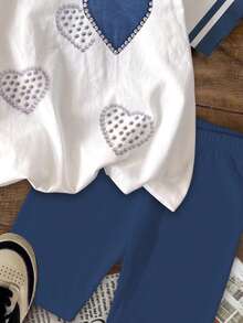 Set de 2 piezas, parte superior gráfica con estampado de corazón y amor minimalista informal para niña preadolescente, y shorts a juego, adecuado para verano, conjuntos a juego con hermana, apropiado para vacaciones, fiestas y uso diario - Multicolor - Ver 6