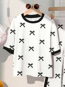 2件套少女休闲可爱蝴蝶结印花撞色圆领短袖上衣和喇叭裤套装，适合夏季和情人节穿着 - 彩色 - 查看 4