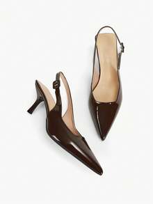 女士尖头高跟凉鞋，新款秋季时尚百搭精致细高跟踝带闭趾优雅高跟鞋，优雅猫跟 - 棕色 - 查看 13
