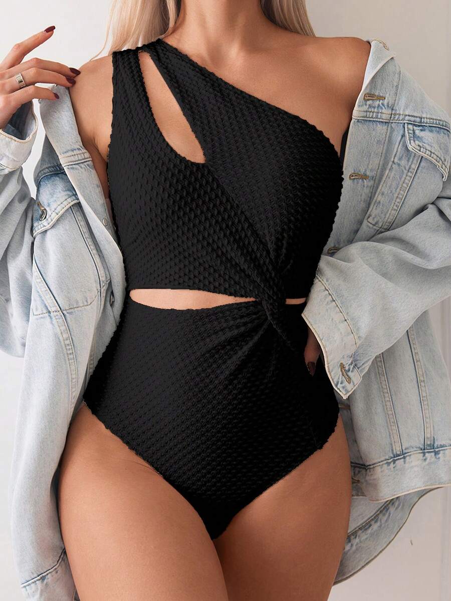 SHEIN Swim 女士纯色连体扭结褶皱泳衣，适合海滩度假、泳池派对、沙滩派对单肩镂空连体泳衣、连体泳衣、镂空连体泳衣、女士泳装、女士泳衣连体衣 - 黑色 - 查看 1