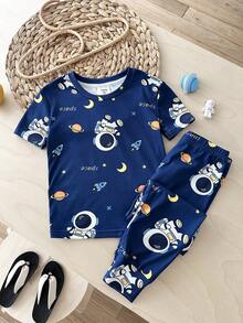 LMoss Kids 2pcs Young Boy Astronaut Graphic Knit Snug Fit Crew Neck T-Shirt And Leggings Pajama Set - Multicolor - View 3