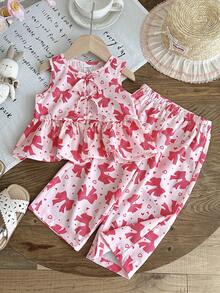 LMoss Kids Bộ đồ 2 món LMoss cho bé gái, gồm áo cổ tròn kẻ sọc trang trí nơ và quần legging, bộ đồ hai mảnh cho bé gái mùa hè, bộ đồ 2 mảnh màu hồng in hình nơ. - Nhiều màu - Xem 6
