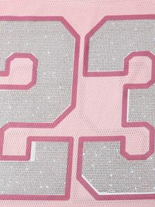 ROMWE MEN Prep Summer Beach Vacation Graphic Pink Men Jersey Number Letter Satin Graphic V-Neck Tee, 2000S Style - Pink - View 6