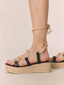 Styleloop 女士时尚纯色编织休闲坡跟凉鞋，波西米亚度假风复古帆布坡跟罗马凉鞋，西部风格，音乐节派对服装，春夏鞋履，春假复活节 - 黑色1 - 查看 3