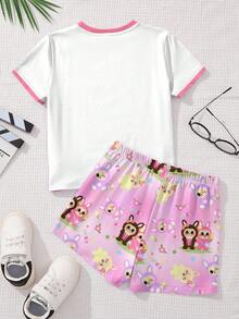 SHEIN Leap Crew 可爱的动物图案，粉色，时尚清凉的夏天，青春期女孩休闲简约短袖短裤两件套，适合夏季、返校季、2000 年代风格、Y2K 服装、韩式风格、秋季服装、返校节、冬季服装、垃圾摇滚、条纹、嬉皮音乐节、BM、复古甜美美国高中、街头风、城市漫步、休闲校园运动 - 彩色 - 查看 5