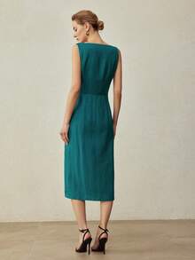 MOTF PREMIUM 亚麻极简优雅V领收腰中长连衣裙，春夏款 - 水鴨藍 - 查看 4