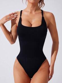 Easithlete Criss-Cross Backless Camisole Seamless Yoga Jumpsuit - Black - View 5