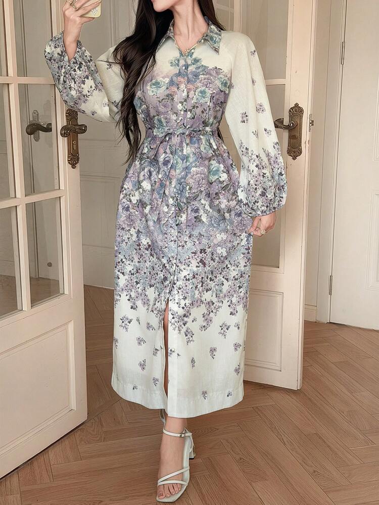 Women's Elegant Long Dress With Allover Print Bohemian Style Collar, Belt Decor Boho Sun Dresses For Women Vacation Outfits Women