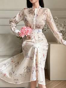 DAZY 女士印花宽松立领衬衫和宽松长裙优雅度假风两件套 - 杏色 - 查看 2