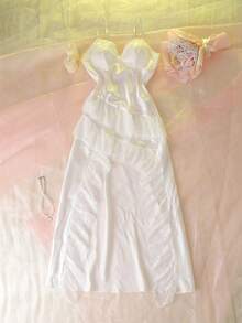 DelicateAllure Women's Romantic Lace Patchwork Asymmetrical Ruffle Hem Sexy Satin Slip Dress, Suitable For Wedding Season - White - View 6