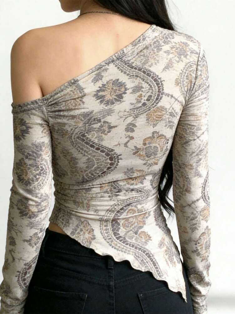 Women's Casual Vacation Style All-Over Print Asymmetrical Neck Long Sleeve Fitted T-Shirt, Spring/Summer/Autumn Graphic Tees Women