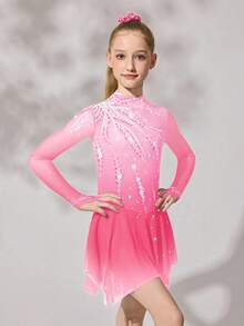 Tween Girls Figure Skating Dress, Pink Floral Design, High Stretch Fitted Silhouette With Sparkling Crystal Print, Smooth Flowing Mesh Skirt - Pink - View 4