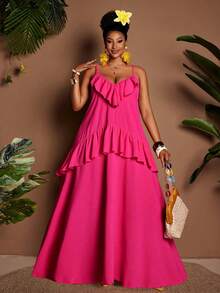 Maweii 大码女士度假连衣裙，纯色梭织无弹力面料，V领吊带设计，领口荷叶边，下摆荷叶边，大码喇叭裙摆，露背设计，适合派对、音乐节、海滩度假等场合，百搭款式，新款大码长裙 - 玫紅色 - 查看 1