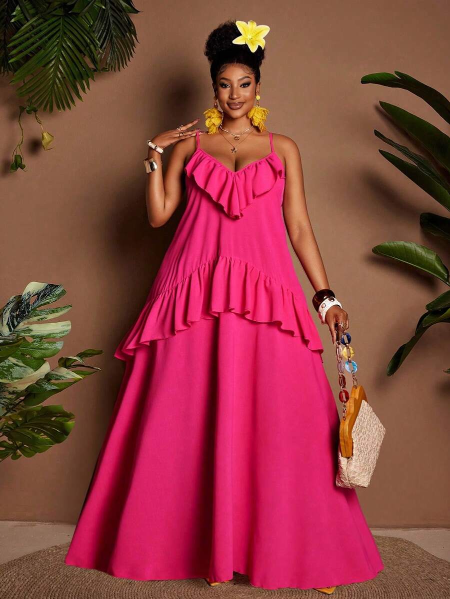 Maweii 大码女士度假连衣裙，纯色梭织无弹力面料，V领吊带设计，领口荷叶边，下摆荷叶边，大码喇叭裙摆，露背设计，适合派对、音乐节、海滩度假等场合，百搭款式，新款大码长裙 - 玫紅色 - 查看 1