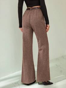 SHEIN Tall 女士格子双口袋休闲皮带复古裤 - 棕色 - 查看 6