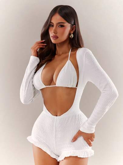 Radiana Women's Sexy Elegant Cute White Bodysuit, Fitted Long Sleeve Ruffle Trim Bodysuit + Bikini Top 2-Piece Set, Jacquard Knit Bodysuit, Vacation Bodysuit, Beachwear, Bikini Cover-Up, Suitable For Island Vacation, Beach, Holiday Outfits