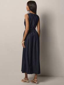 COSMINA 女士牛仔连衣裙，无袖荷叶边牛仔连衣裙，夏季女装，蓝色牛仔连衣裙，日常穿着，夏季度假，通勤。 - 藏蓝色 - 查看 5