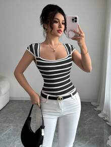 Franclia French Minimalist Fitted Striped Knit Short Sleeve T-Shirt, Unique Design, Versatile, Spring/Summer New Arrival - Black - View 5