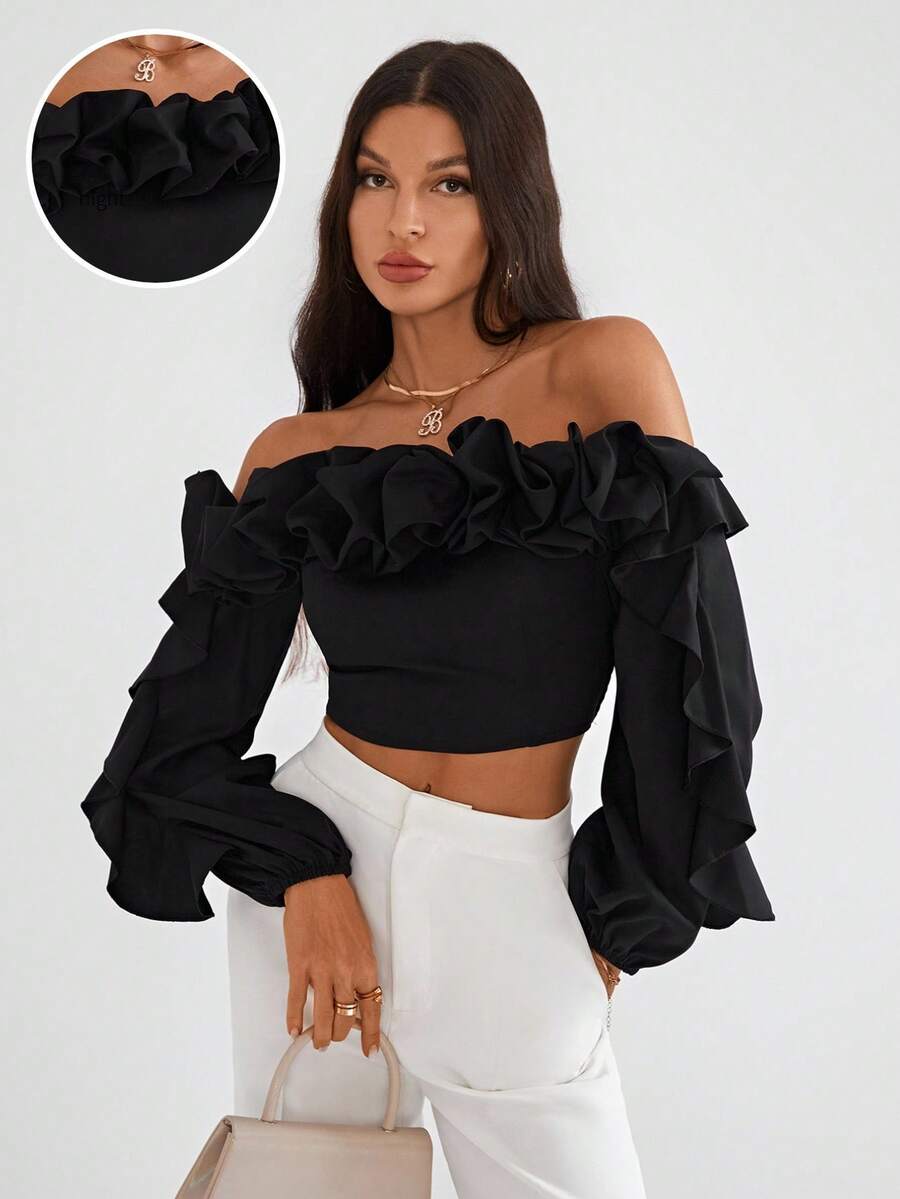 Firerie 一字肩荷葉邊燈籠袖短款上衣 - 黑色 - 查看 1