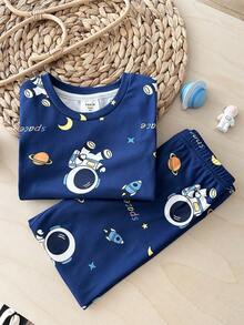 LMoss Kids 2pcs Young Boy Astronaut Graphic Knit Snug Fit Crew Neck T-Shirt And Leggings Pajama Set - Multicolor - View 6