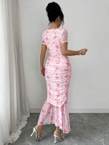 Elenzga 女士优雅印花荷叶边中长连衣裙，夏季 - 粉色 - 查看 2