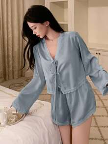 DAZY 2pcs/Set Women's Romantic Lace Patchwork Satin Tie-Up Top And Super Short Pajama Pants, Sleepwear Set For Spring And Summer - Dusty Blue - View 3