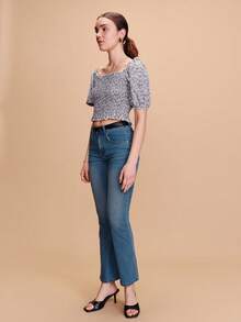 lacRébo Blusa con estampado floral azul, mangas con volantes fruncidos y cordones en la espalda, estilo bohemio para primavera y verano - Azul - Ver 5