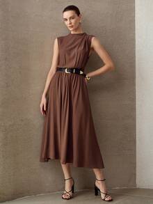 MOTF PREMIUM WOMEN'S NEW SLEEVELESS MANDARIN COLLAR WITH BELT CLASSIC MID-LENGTH DRESS, SPRING/SUMMER - Coffee Brown - View 5