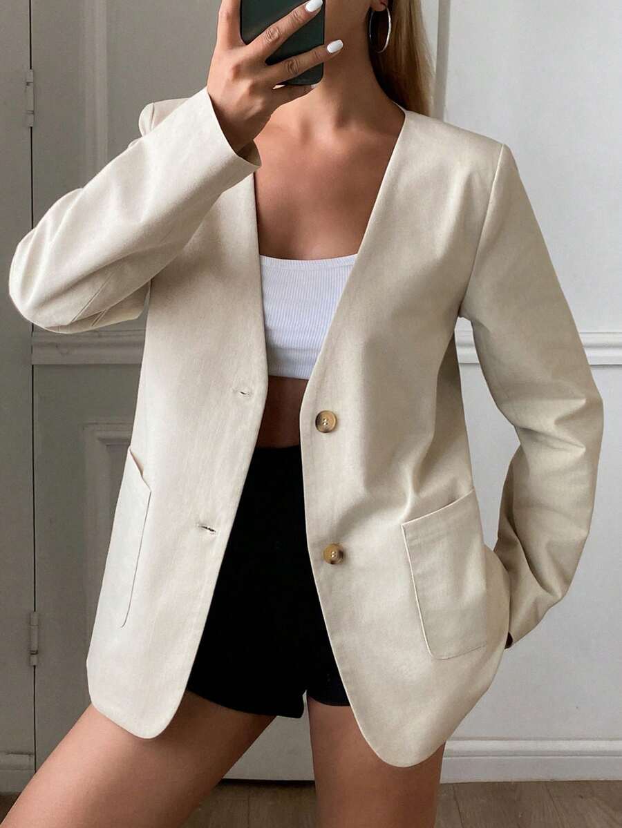 DAZY 女士休闲薄款西装外套，条纹袖口，单排扣设计 - 米色 - 查看 1