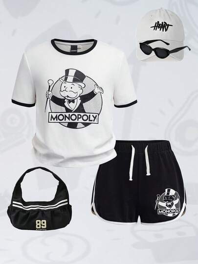 MONOPOLY X SHEIN 少女休闲圆领卡通字母印花短袖T恤和抽绳腰短裤套装