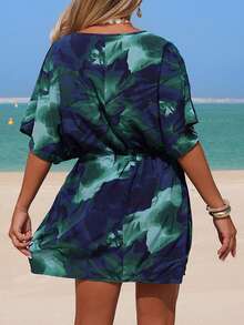 Swim Lushoire Women's Floral Print V-Neck Drawstring Tie Casual Vacation Elegant Beach Cover-Up Dress - Navy Blue - View 2