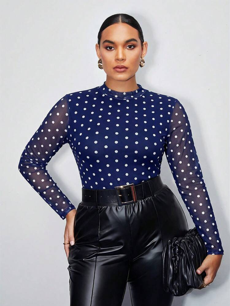 SHEIN Maija Camiseta de cuello alto con estampado de cebra en negro y blanco talla grande para mujer, blusa de manga larga de malla transparente, blusas de lunares de otoño para mujer, blusas de manga larga para mujer, últimas blusas para mujer, blusas de para mujer, blusas de manga larga para mujer, últimas blusas para mujer, nuevos llegados