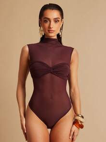 Silquee 女士无袖立领连体衣，春夏款 - 咖啡棕 - 查看 6