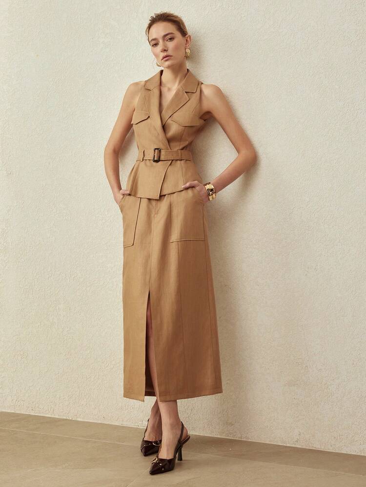 2PCS LINEN BLEND SET: SLEEVELESS CARGO POCKET JACKET VEST AND CARGO STRAIGHT SKIRT, VINTAGE STYLE