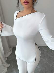 Elenzga 女士优雅白衬衫，黑色滚边，不对称斜领长袖，适合日常外出、约会、派对和聚会等各种场合。 - 白色 - 查看 4