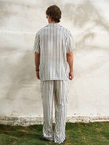 Airaco Men's Striped Short Sleeve Single-Breasted Shirt And Pants Casual Suit Vintage Outfit For Men Men Clothes Two Piece Mens Summer Holiday Clothes Linen Two Piece Set For Men Beach Outfit For Men Top Vacation Outfits For Men Linen Two Piece Set Men - Black and White - View 3