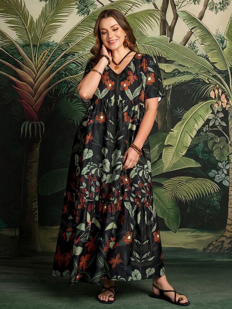 Plus Size Women Floral Print Short Sleeve Casual Dress Summer Outfits Beach Vacation Outfits For Women Floral Dress BOHO Clothes Women's Summer Dresses Plus Size Dress Vacation Casual Resort Wear Women Vacation Dress Women Casual Dresses Summer Outfits For Women Beach Outfit For Women Casual Vacation Outfits Women Country Concert Outfit Peplum