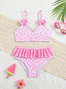 Bộ bikini bèo nhún họa tiết da báo cho bé gái, đồ bơi thời trang đi biển, đồ bơi 2 mảnh cho bé gái, đồ bơi trẻ em, bộ bikini 2 mảnh màu hồng cho bé gái. - Hồng - Xem 6