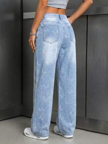 SHEIN ICON Women's Casual Washed Butterfly Print Low Waist Straight Leg Jeans - Light Wash - View 2