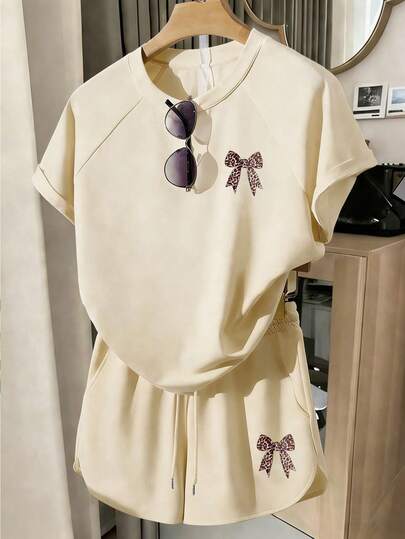 Tween Girls Energetic Girl Style Leopard Print Bow Decor Short Sleeve Top And Shorts 2-Piece Set, Casual Versatile Basic