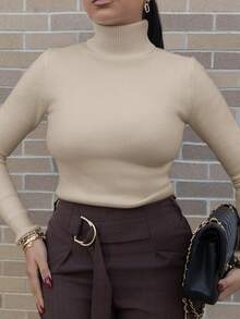 Melissa Matos 高领加厚保暖内衬修身长袖打底衫，适合秋冬季穿着，针织套头衫 - 摩卡棕 - 查看 3