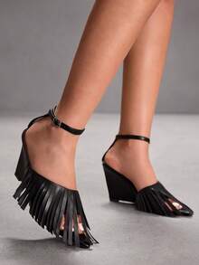 CUCCOO SZL 女士优雅时尚高跟凉鞋，饰有流苏和搭扣设计 - 黑色 - 查看 8